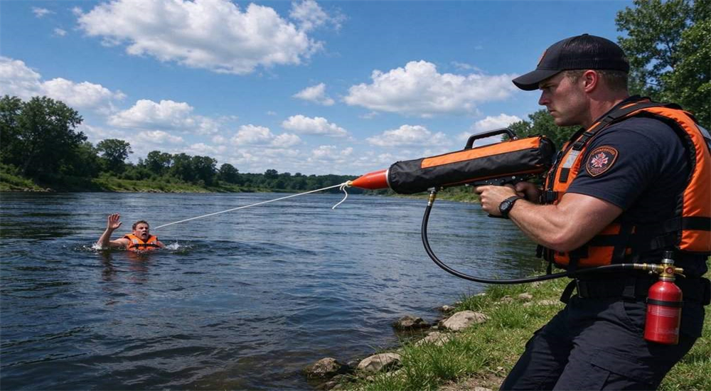 Professional Water Rescue Rope Thrower pneumatic line thrower in real water rescue application scenario, swiftwater river rescue team using pneumatic thrower to deliver safety rope across fast current, professional water rescue equipment Professional Water Rescue Rope Thrower pneumatic line thrower in real water rescue application scenario, swiftwater river rescue team using pneumatic thrower to deliver safety rope across fast current, professional water rescue equipment