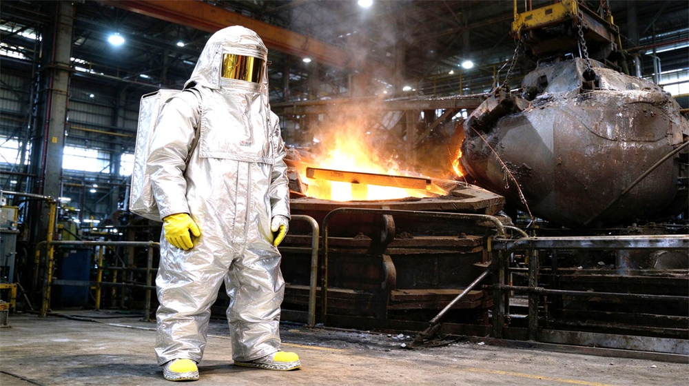 Aerial perspective of heavy duty protective aluminized heat protective suit, Foundry worker wearing aluminized fire suit during casting and pouring molten metal,, demonstrating professional application use in industrial safety environment, designed for wholesale bulk supply and industrial safety procurement. Aerial perspective of heavy duty protective aluminized heat protective suit, Foundry worker wearing aluminized fire suit during casting and pouring molten metal,, demonstrating professional application use in industrial safety environment, designed for wholesale bulk supply and industrial safety procurement.