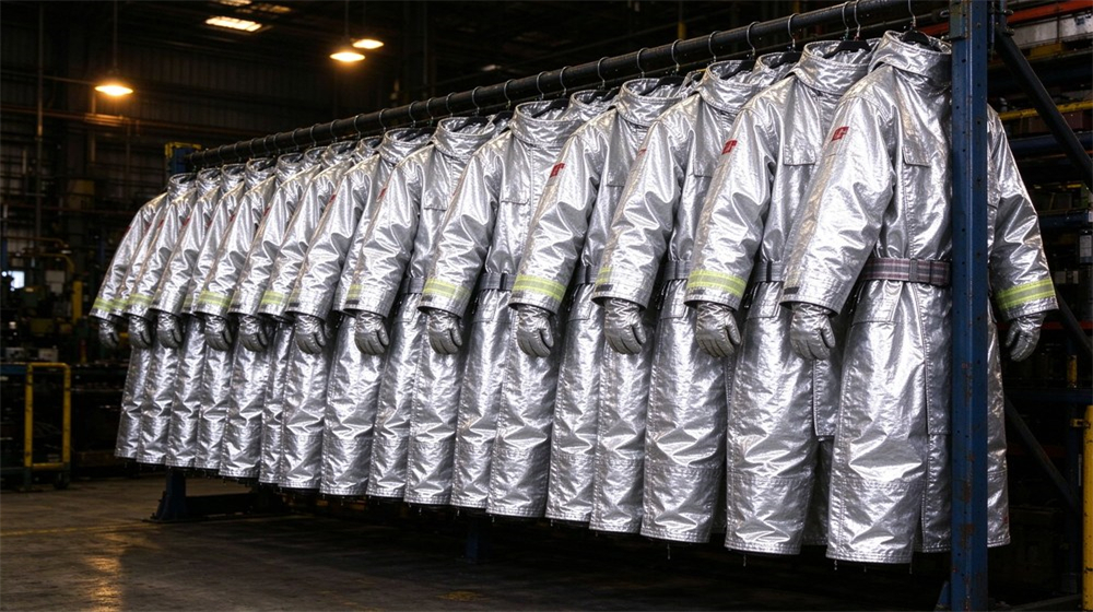 Front view of heavy duty protective aluminized heat protective suit, Wholesale aluminized heat protective suit for steel mills and foundries, costmir aluminized, demonstrating professional application use in industrial safety environment, designed for wholesale bulk supply and industrial safety procurement. Front view of heavy duty protective aluminized heat protective suit, Wholesale aluminized heat protective suit for steel mills and foundries, costmir aluminized, demonstrating professional application use in industrial safety environment, designed for wholesale bulk supply and industrial safety procurement.