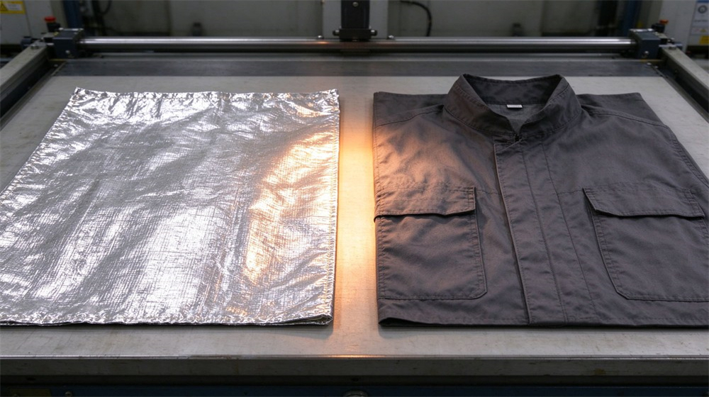 Close up detail of heavy duty protective aluminized heat protective suit, Costmir aluminized fabric vs ordinary fabric side by side comparison, radiant heat, demonstrating professional comparison use in industrial safety environment, designed for wholesale bulk supply and industrial safety procurement. Close up detail of heavy duty protective aluminized heat protective suit, Costmir aluminized fabric vs ordinary fabric side by side comparison, radiant heat, demonstrating professional comparison use in industrial safety environment, designed for wholesale bulk supply and industrial safety procurement.