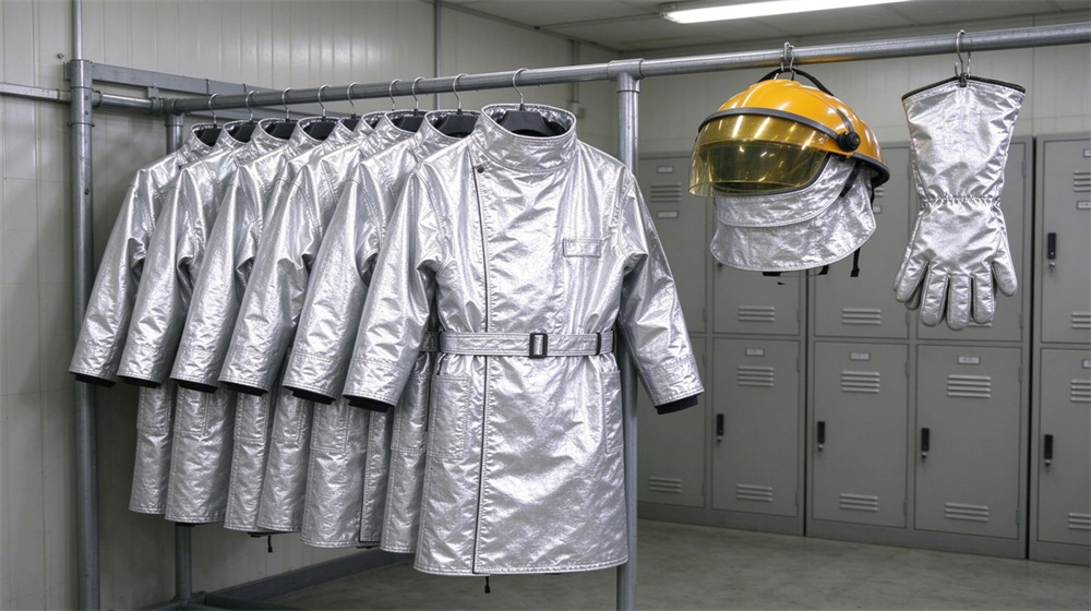 Wide shot of heavy duty protective aluminized heat protective suit, Worker storing aluminized heat protective suit hanging in changing room with helmet, demonstrating professional application use in industrial safety environment, designed for wholesale bulk supply and industrial safety procurement. Wide shot of heavy duty protective aluminized heat protective suit, Worker storing aluminized heat protective suit hanging in changing room with helmet, demonstrating professional application use in industrial safety environment, designed for wholesale bulk supply and industrial safety procurement.