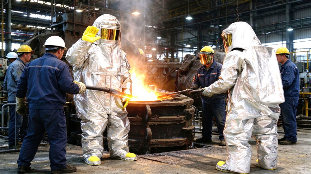 Macro detail of heavy duty protective aluminized heat protective suit, Casting crew pouring molten steel in foundry wearing aluminized heat protective suit,, demonstrating professional application use in industrial safety environment, designed for wholesale bulk supply and industrial safety procurement. Macro detail of heavy duty protective aluminized heat protective suit, Casting crew pouring molten steel in foundry wearing aluminized heat protective suit,, demonstrating professional application use in industrial safety environment, designed for wholesale bulk supply and industrial safety procurement.
