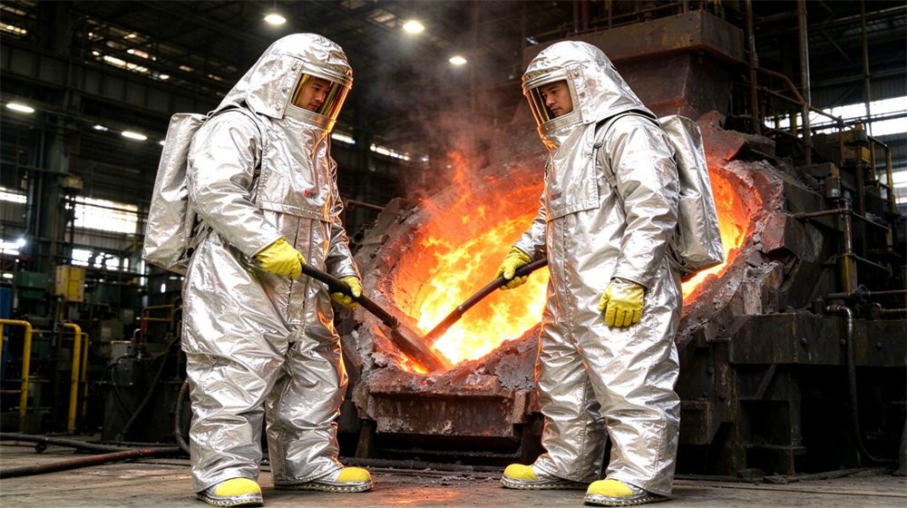 Front view of heavy duty protective aluminized heat protective suit, Furnace front operator in aluminized fire suit at steel mill furnace door,, demonstrating professional application use in industrial safety environment, designed for wholesale bulk supply and industrial safety procurement. Front view of heavy duty protective aluminized heat protective suit, Furnace front operator in aluminized fire suit at steel mill furnace door,, demonstrating professional application use in industrial safety environment, designed for wholesale bulk supply and industrial safety procurement.