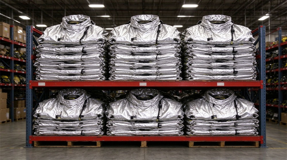 Side angle of heavy duty protective aluminized heat protective suit, Warehouse stock of aluminized heat protective suits stored on flat shelves, wholesale, demonstrating professional application use in industrial safety environment, designed for wholesale bulk supply and industrial safety procurement. Side angle of heavy duty protective aluminized heat protective suit, Warehouse stock of aluminized heat protective suits stored on flat shelves, wholesale, demonstrating professional application use in industrial safety environment, designed for wholesale bulk supply and industrial safety procurement.
