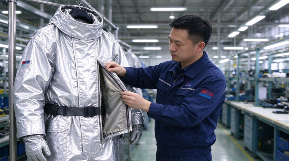 Aerial perspective of heavy duty protective aluminized heat protective suit, Quality inspector checking aluminized heat protective suit seams zipper and coating, steel, demonstrating professional info use in industrial safety environment, designed for wholesale bulk supply and industrial safety procurement. Aerial perspective of heavy duty protective aluminized heat protective suit, Quality inspector checking aluminized heat protective suit seams zipper and coating, steel, demonstrating professional info use in industrial safety environment, designed for wholesale bulk supply and industrial safety procurement.