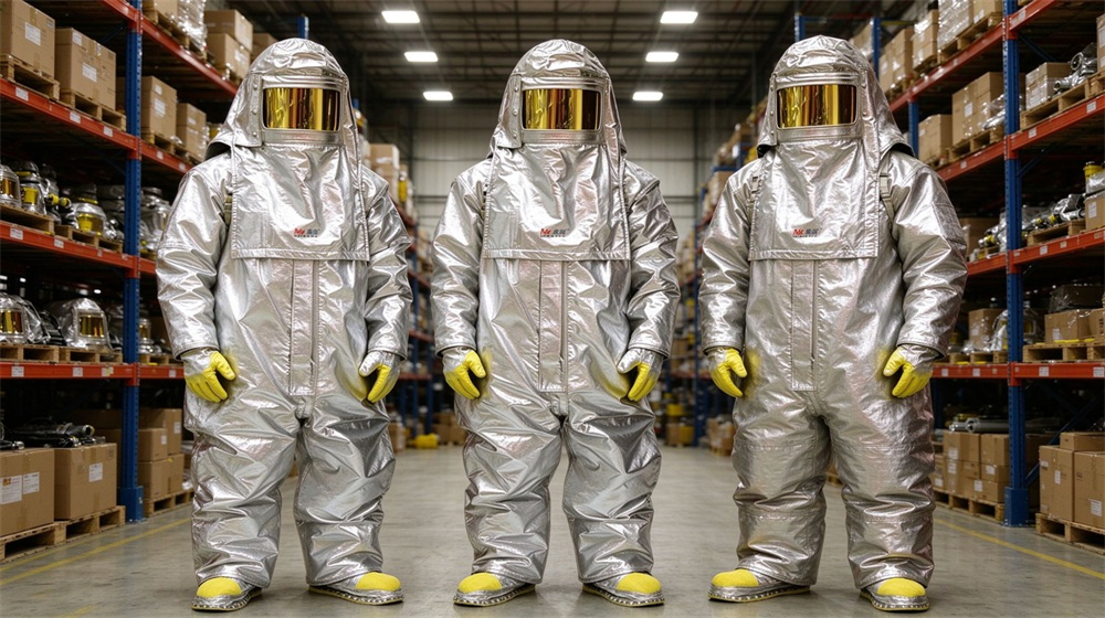 45 degree angle of heavy duty protective aluminized heat protective suit, Aluminized heat protective suit temperature grade comparison three suits for different heat, demonstrating professional comparison use in industrial safety environment, designed for wholesale bulk supply and industrial safety procurement. 45 degree angle of heavy duty protective aluminized heat protective suit, Aluminized heat protective suit temperature grade comparison three suits for different heat, demonstrating professional comparison use in industrial safety environment, designed for wholesale bulk supply and industrial safety procurement.