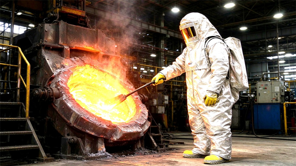Side angle of heavy duty protective aluminized heat protective suit, Steel mill worker in aluminized heat protective suit near molten steel furnace,, demonstrating professional application use in industrial safety environment, designed for wholesale bulk supply and industrial safety procurement. Side angle of heavy duty protective aluminized heat protective suit, Steel mill worker in aluminized heat protective suit near molten steel furnace,, demonstrating professional application use in industrial safety environment, designed for wholesale bulk supply and industrial safety procurement.