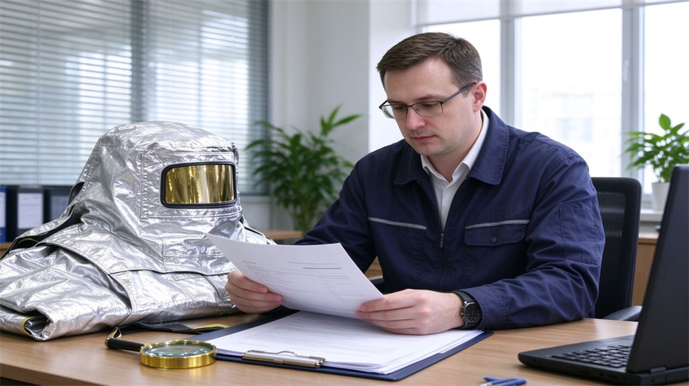 Close up detail of heavy duty protective aluminized heat protective suit, Aluminized heat protective suit certificate and test report review by procurement team,, demonstrating professional info use in industrial safety environment, designed for wholesale bulk supply and industrial safety procurement. Close up detail of heavy duty protective aluminized heat protective suit, Aluminized heat protective suit certificate and test report review by procurement team,, demonstrating professional info use in industrial safety environment, designed for wholesale bulk supply and industrial safety procurement.