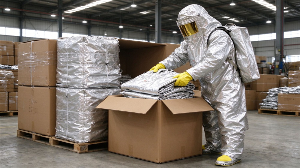 Overhead view of heavy duty protective aluminized heat protective suit, Export packing of aluminized heat protective suits into cartons at warehouse loading, demonstrating professional application use in industrial safety environment, designed for wholesale bulk supply and industrial safety procurement. Overhead view of heavy duty protective aluminized heat protective suit, Export packing of aluminized heat protective suits into cartons at warehouse loading, demonstrating professional application use in industrial safety environment, designed for wholesale bulk supply and industrial safety procurement.