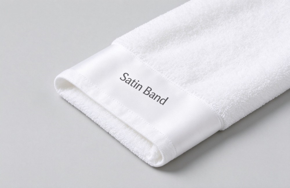 Closeup of a woven satin band seamlessly integrated into the end of a white cotton hotel towel, glossy five centimeter stripe with no stitching, satin border towels wholesale classic four-star hotel finish detail for hotel spa towels wholesale Closeup of a woven satin band seamlessly integrated into the end of a white cotton hotel towel, glossy five centimeter stripe with no stitching, satin border towels wholesale classic four-star hotel finish detail for hotel spa towels wholesale
