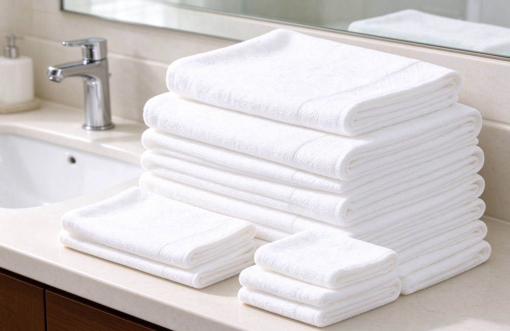 Neat stack of folded white cotton hand towels and small washcloths on hotel bathroom counter near sink face hand bath towels wholesale forty by seventy hand towel thirty by thirty washcloth Neat stack of folded white cotton hand towels and small washcloths on hotel bathroom counter near sink face hand bath towels wholesale forty by seventy hand towel thirty by thirty washcloth