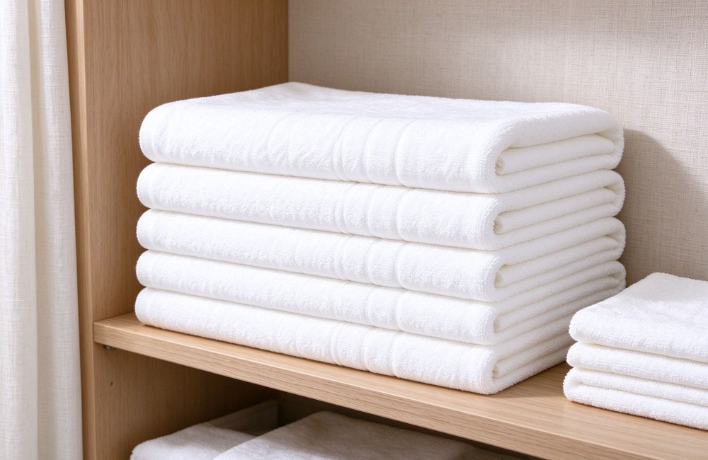 Three white cotton terry towels side by side showing 300 GSM, 500 GSM and 700 GSM weight labels on wooden table, hotel spa towels wholesale thickness comparison for buyers Three white cotton terry towels side by side showing 300 GSM, 500 GSM and 700 GSM weight labels on wooden table, hotel spa towels wholesale thickness comparison for buyers