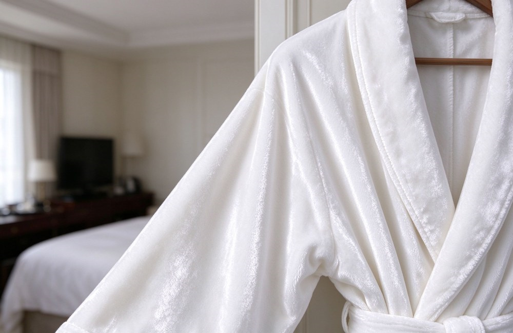 White velour bathrobe with shawl collar hanging on wooden hanger in hotel room, showing lustrous cut pile surface and plush texture for luxury hotel wholesale White velour bathrobe with shawl collar hanging on wooden hanger in hotel room, showing lustrous cut pile surface and plush texture for luxury hotel wholesale