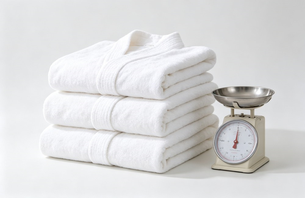 Three folded white cotton bathrobes of visibly different light medium and heavy thickness stacked next to a clean simple kitchen scale, bathrobe piece weight and GSM comparison visual for wholesale spa robes Three folded white cotton bathrobes of visibly different light medium and heavy thickness stacked next to a clean simple kitchen scale, bathrobe piece weight and GSM comparison visual for wholesale spa robes
