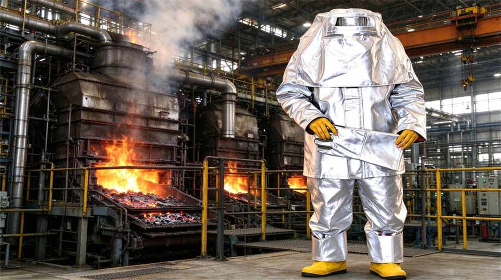 Overhead view of heavy duty protective eu standard heavy duty heat suit, Waste incineration plant worker with EU grade aluminized heat suit near furnace, demonstrating professional application use in industrial safety environment, designed for wholesale bulk supply and industrial safety Overhead view of heavy duty protective eu standard heavy duty heat suit, Waste incineration plant worker with EU grade aluminized heat suit near furnace, demonstrating professional application use in industrial safety environment, designed for wholesale bulk supply and industrial safety