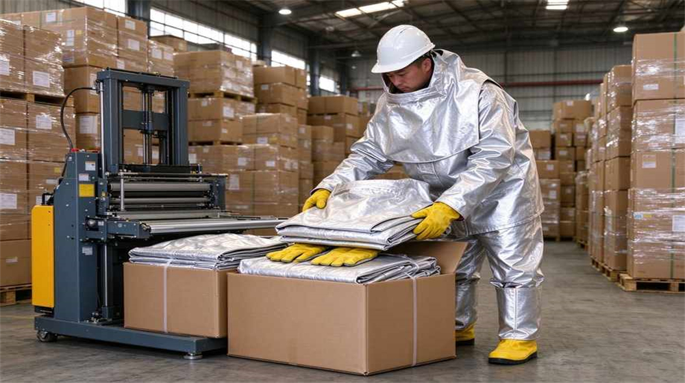 Side angle of heavy duty protective eu standard heavy duty heat suit, Export packing EU grade aluminized heat suits into cartons in warehouse, demonstrating professional application use in industrial safety environment, designed for wholesale bulk supply and industrial safety procurement. Side angle of heavy duty protective eu standard heavy duty heat suit, Export packing EU grade aluminized heat suits into cartons in warehouse, demonstrating professional application use in industrial safety environment, designed for wholesale bulk supply and industrial safety procurement.