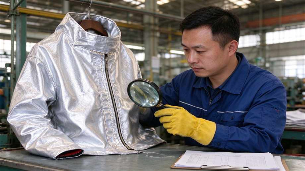 Wide shot of heavy duty protective eu standard heavy duty heat suit, Quality inspector checking seams and zipper of EU grade heat suit, demonstrating professional info use in industrial safety environment, designed for wholesale bulk supply and industrial safety procurement. Wide shot of heavy duty protective eu standard heavy duty heat suit, Quality inspector checking seams and zipper of EU grade heat suit, demonstrating professional info use in industrial safety environment, designed for wholesale bulk supply and industrial safety procurement.
