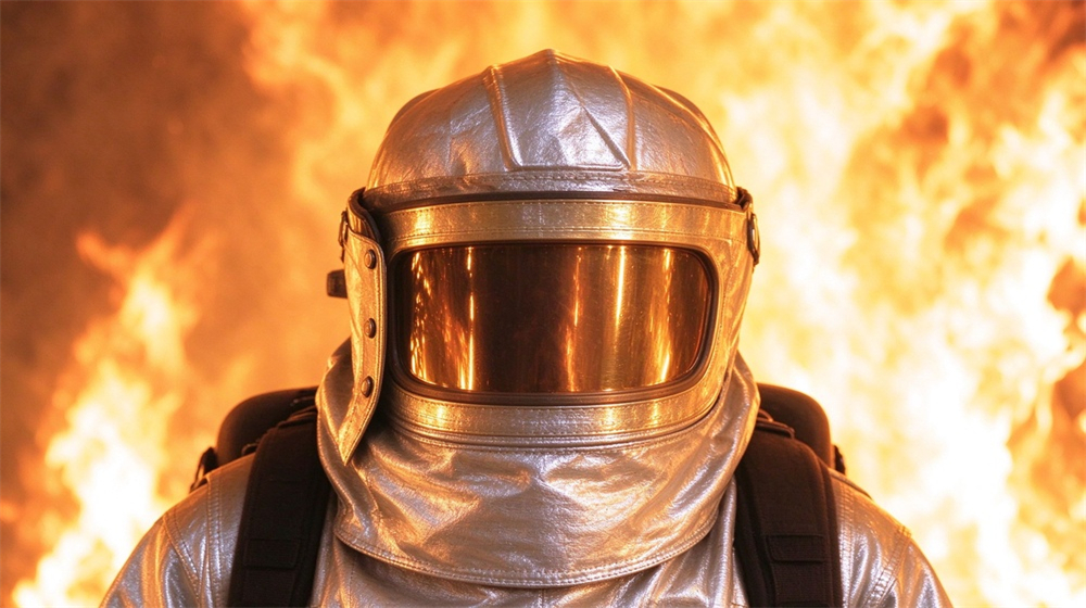 Aerial perspective of heavy duty protective firefighter proximity suit, Firefighter proximity suit helmet gold visor close up, heat resistant hood with, demonstrating professional product use in industrial safety environment, designed for wholesale bulk supply and industrial safety procurement. Aerial perspective of heavy duty protective firefighter proximity suit, Firefighter proximity suit helmet gold visor close up, heat resistant hood with, demonstrating professional product use in industrial safety environment, designed for wholesale bulk supply and industrial safety procurement.