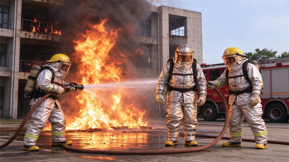Close up detail of heavy duty protective firefighter proximity suit, Fire brigade training drill beside fire truck, firefighters in aluminized proximity suits, demonstrating professional application use in industrial safety environment, designed for wholesale bulk supply and industrial safety procurement. Close up detail of heavy duty protective firefighter proximity suit, Fire brigade training drill beside fire truck, firefighters in aluminized proximity suits, demonstrating professional application use in industrial safety environment, designed for wholesale bulk supply and industrial safety procurement.