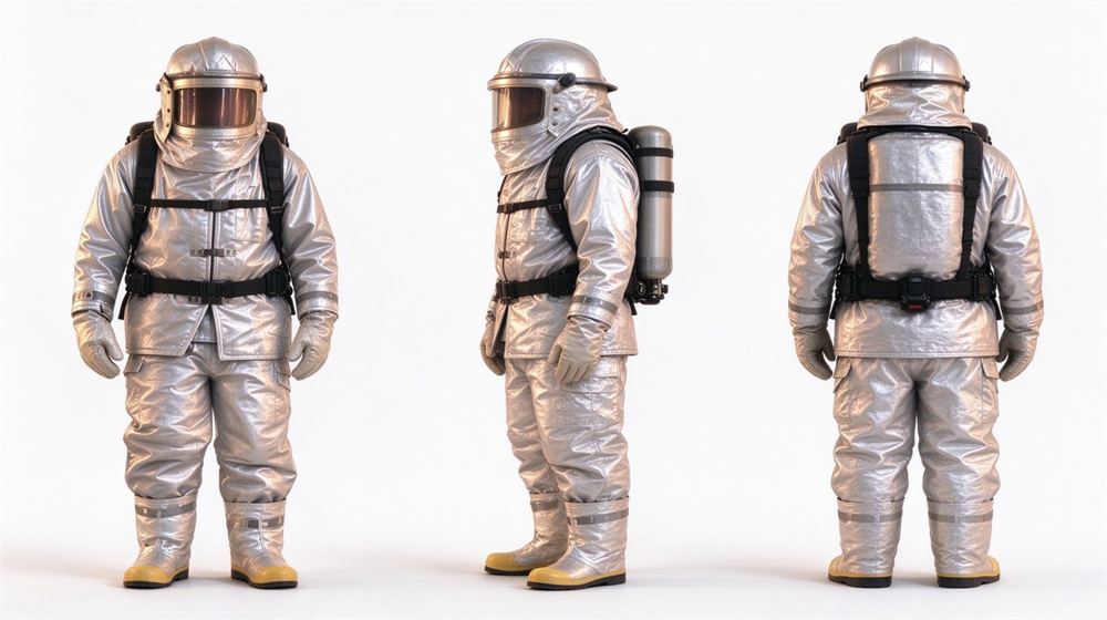 Wide shot of heavy duty protective firefighter proximity suit, Firefighter proximity suit three views white background, front back side aluminized heat, demonstrating professional product use in industrial safety environment, designed for wholesale bulk supply and industrial safety procurement. Wide shot of heavy duty protective firefighter proximity suit, Firefighter proximity suit three views white background, front back side aluminized heat, demonstrating professional product use in industrial safety environment, designed for wholesale bulk supply and industrial safety procurement.