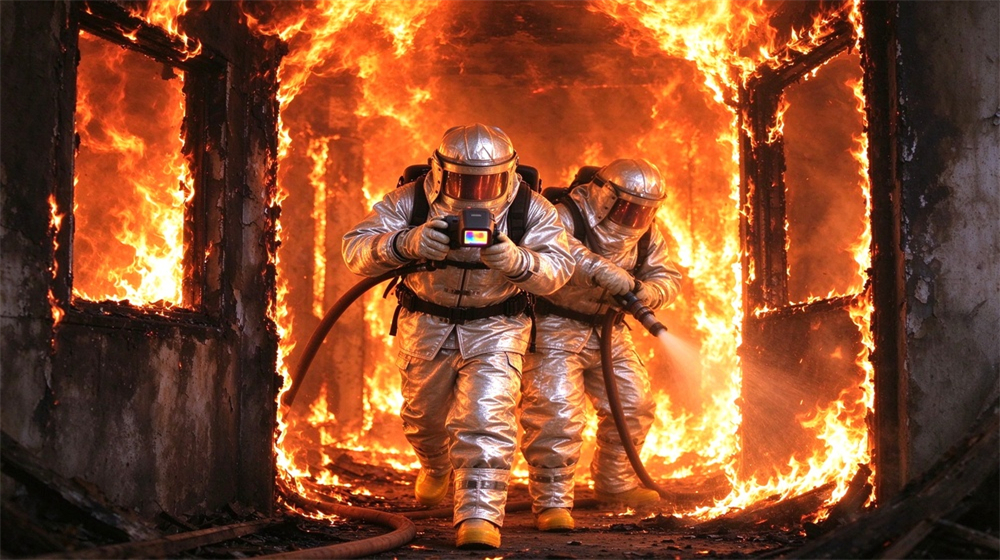 Aerial perspective of heavy duty protective firefighter proximity suit, Fire search rescue two firefighters inside building, proximity suits protecting crew during, demonstrating professional application use in industrial safety environment, designed for wholesale bulk supply and industrial safety procurement. Aerial perspective of heavy duty protective firefighter proximity suit, Fire search rescue two firefighters inside building, proximity suits protecting crew during, demonstrating professional application use in industrial safety environment, designed for wholesale bulk supply and industrial safety procurement.