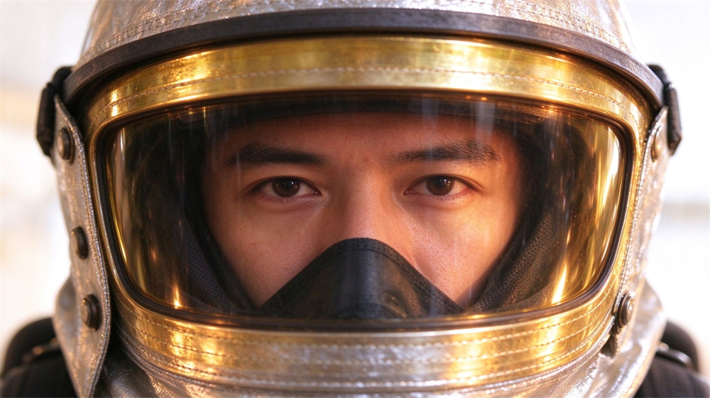 Front view of heavy duty protective firefighter proximity suit, Firefighter helmet visor inside view, gold coated heat resistant face shield with, demonstrating professional product use in industrial safety environment, designed for wholesale bulk supply and industrial safety procurement. Front view of heavy duty protective firefighter proximity suit, Firefighter helmet visor inside view, gold coated heat resistant face shield with, demonstrating professional product use in industrial safety environment, designed for wholesale bulk supply and industrial safety procurement.