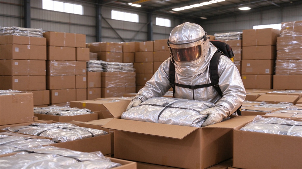 Wide shot of heavy duty protective firefighter proximity suit, Export packing carton warehouse, proximity suit wholesale shipment packaging for international delivery, demonstrating professional application use in industrial safety environment, designed for wholesale bulk supply and industrial safety procurement. Wide shot of heavy duty protective firefighter proximity suit, Export packing carton warehouse, proximity suit wholesale shipment packaging for international delivery, demonstrating professional application use in industrial safety environment, designed for wholesale bulk supply and industrial safety procurement.
