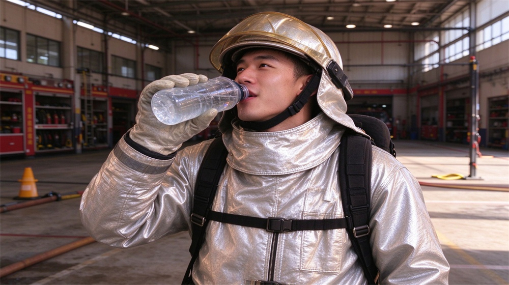 Macro detail of heavy duty protective firefighter proximity suit, Firefighter resting drinking water after drill, aluminized heat suit cooling down break, demonstrating professional application use in industrial safety environment, designed for wholesale bulk supply and industrial safety procurement. Macro detail of heavy duty protective firefighter proximity suit, Firefighter resting drinking water after drill, aluminized heat suit cooling down break, demonstrating professional application use in industrial safety environment, designed for wholesale bulk supply and industrial safety procurement.