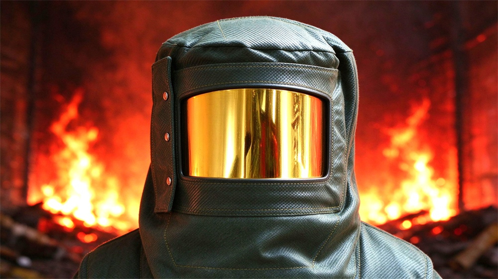 Side angle of heavy duty protective carbon fiber fire entry suit, Close-up of fire entry suit hood gold plated visor and carbon fiber, demonstrating professional product use in industrial safety environment, designed for wholesale bulk supply and industrial safety procurement. Side angle of heavy duty protective carbon fiber fire entry suit, Close-up of fire entry suit hood gold plated visor and carbon fiber, demonstrating professional product use in industrial safety environment, designed for wholesale bulk supply and industrial safety procurement.