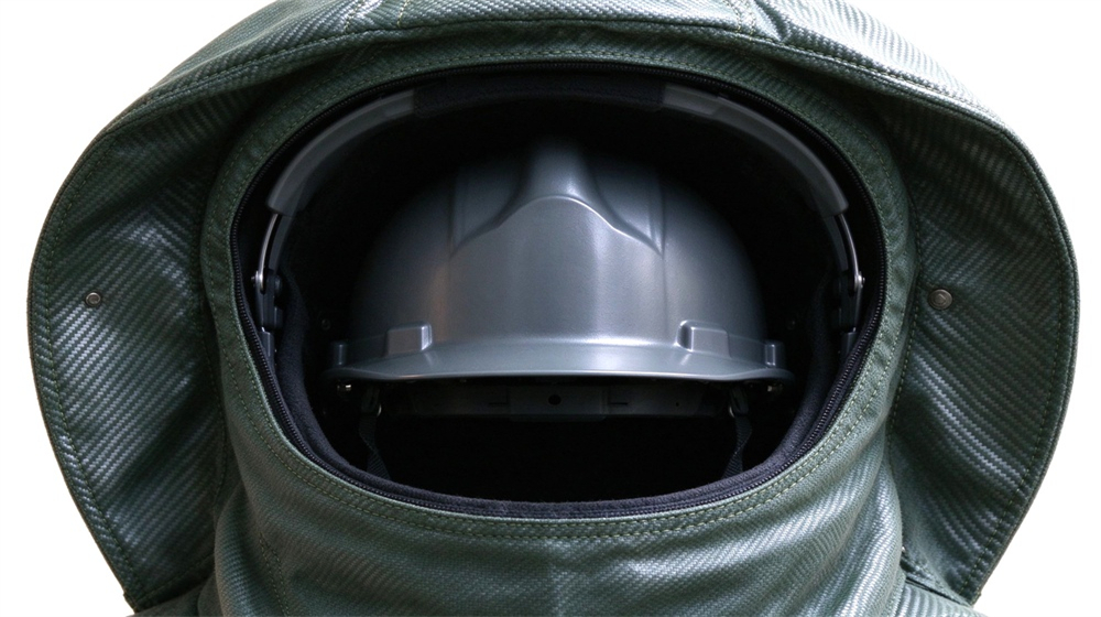 Macro detail of heavy duty protective carbon fiber fire entry suit, Built in fire safety helmet inside fire entry suit hood, carbon fiber, demonstrating professional product use in industrial safety environment, designed for wholesale bulk supply and industrial safety procurement. Macro detail of heavy duty protective carbon fiber fire entry suit, Built in fire safety helmet inside fire entry suit hood, carbon fiber, demonstrating professional product use in industrial safety environment, designed for wholesale bulk supply and industrial safety procurement.