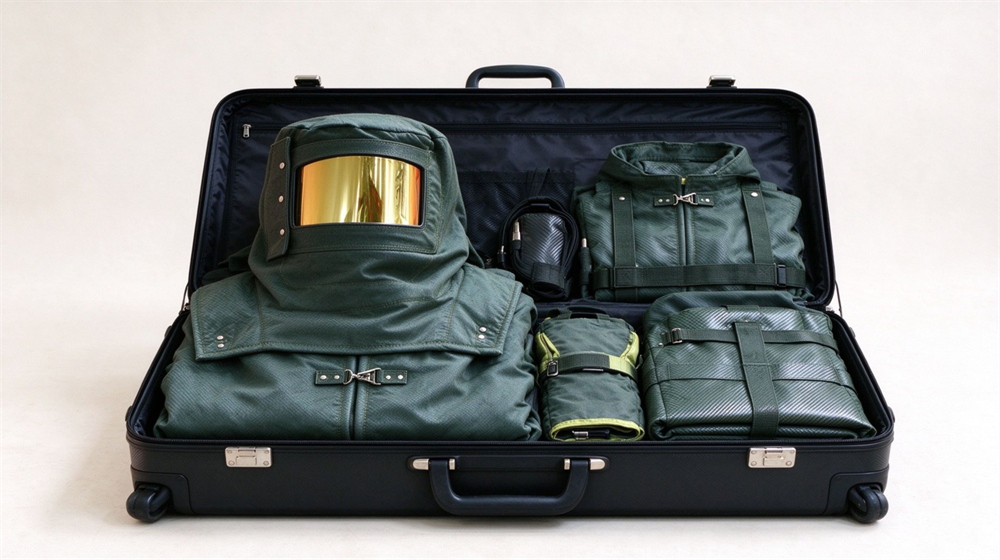 Aerial perspective of heavy duty protective carbon fiber fire entry suit, Fire entry suit equipment storage trolley case open showing the complete kit,, demonstrating professional application use in industrial safety environment, designed for wholesale bulk supply and industrial safety procurement. Aerial perspective of heavy duty protective carbon fiber fire entry suit, Fire entry suit equipment storage trolley case open showing the complete kit,, demonstrating professional application use in industrial safety environment, designed for wholesale bulk supply and industrial safety procurement.