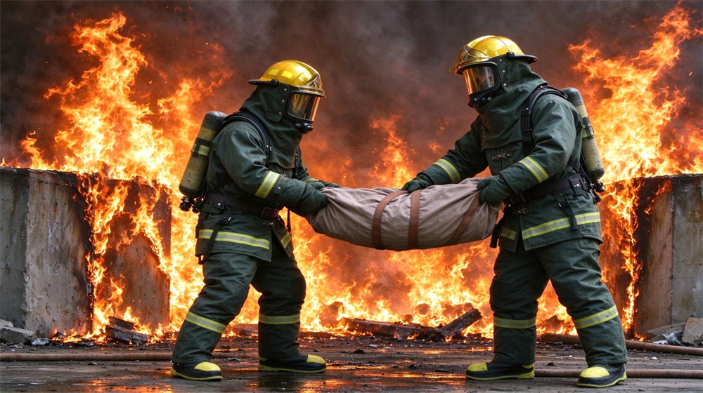 Aerial perspective of heavy duty protective carbon fiber fire entry suit, Rescue drill two firefighters in carbon fiber fire entry suits approaching flame, demonstrating professional application use in industrial safety environment, designed for wholesale bulk supply and industrial safety procurement. Aerial perspective of heavy duty protective carbon fiber fire entry suit, Rescue drill two firefighters in carbon fiber fire entry suits approaching flame, demonstrating professional application use in industrial safety environment, designed for wholesale bulk supply and industrial safety procurement.