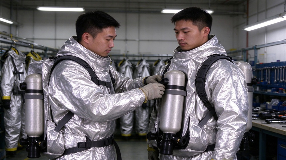 Macro detail of heavy duty protective thermal chemical composite suit, Two Asian workers adjusting the breathing backpack harness on fire chemical protective, demonstrating professional application use in industrial safety environment, designed for wholesale bulk supply and industrial safety procurement. Macro detail of heavy duty protective thermal chemical composite suit, Two Asian workers adjusting the breathing backpack harness on fire chemical protective, demonstrating professional application use in industrial safety environment, designed for wholesale bulk supply and industrial safety procurement.