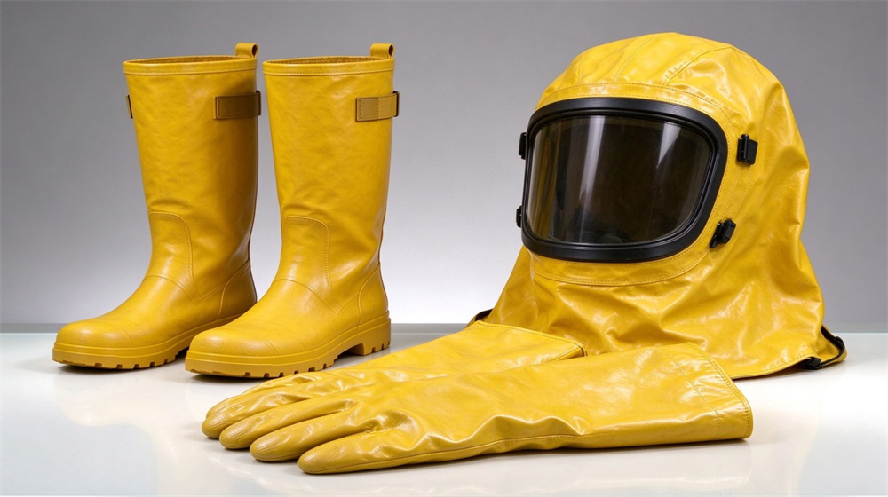 Side angle of heavy duty protective thermal chemical composite suit, Fire chemical protective gloves displayed with matching suit pieces in a yellow, demonstrating professional product use in industrial safety environment, designed for wholesale bulk supply and industrial safety procurement. Side angle of heavy duty protective thermal chemical composite suit, Fire chemical protective gloves displayed with matching suit pieces in a yellow, demonstrating professional product use in industrial safety environment, designed for wholesale bulk supply and industrial safety procurement.