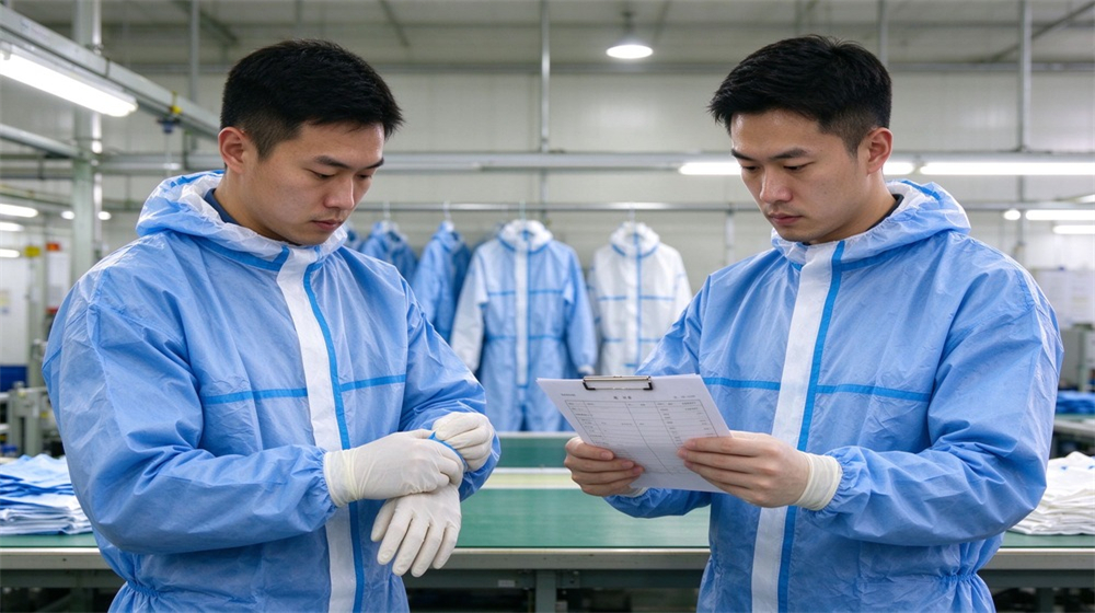 45 degree angle of heavy duty protective disposable type 5 6 chemical coverall, Two Asian workers in blue disposable chemical coveralls working at a bright, demonstrating professional application use in industrial safety environment, designed for wholesale bulk supply and industrial 45 degree angle of heavy duty protective disposable type 5 6 chemical coverall, Two Asian workers in blue disposable chemical coveralls working at a bright, demonstrating professional application use in industrial safety environment, designed for wholesale bulk supply and industrial