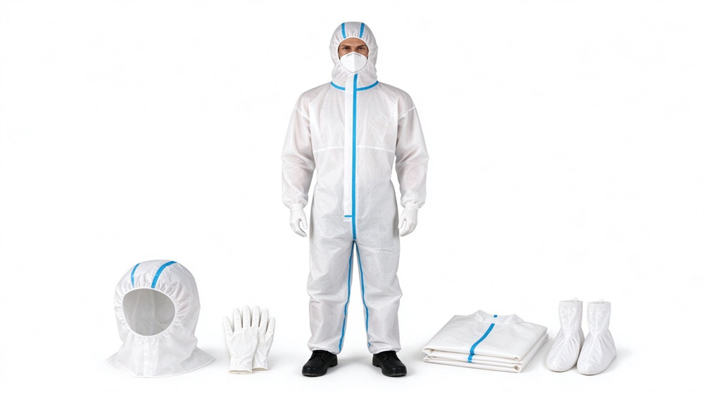 Overhead view of heavy duty protective disposable type 5 6 chemical coverall, Engineer comparing SMS disposable coverall fabric samples on workbench, breathable lightweight chemical, demonstrating professional info use in industrial safety environment, designed for wholesale bulk supply and industrial safety Overhead view of heavy duty protective disposable type 5 6 chemical coverall, Engineer comparing SMS disposable coverall fabric samples on workbench, breathable lightweight chemical, demonstrating professional info use in industrial safety environment, designed for wholesale bulk supply and industrial safety