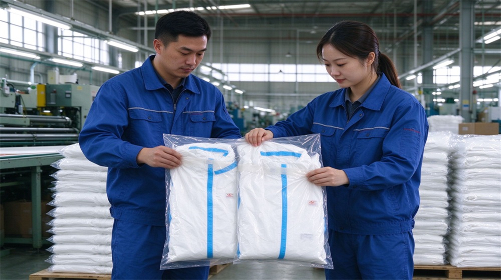 Front view of heavy duty protective disposable type 5 6 chemical coverall, Tank farm worker in disposable chemical coverall checking equipment with detector, lightweight, demonstrating professional application use in industrial safety environment, designed for wholesale bulk supply and industrial safety Front view of heavy duty protective disposable type 5 6 chemical coverall, Tank farm worker in disposable chemical coverall checking equipment with detector, lightweight, demonstrating professional application use in industrial safety environment, designed for wholesale bulk supply and industrial safety