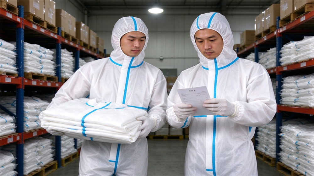 45 degree angle of heavy duty protective disposable type 5 6 chemical coverall, Two Asian warehouse workers handling white disposable chemical protective coveralls in a, demonstrating professional application use in industrial safety environment, designed for wholesale bulk supply and industrial 45 degree angle of heavy duty protective disposable type 5 6 chemical coverall, Two Asian warehouse workers handling white disposable chemical protective coveralls in a, demonstrating professional application use in industrial safety environment, designed for wholesale bulk supply and industrial