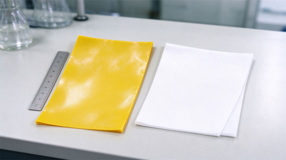 Macro detail of heavy duty protective acid alkali chemical protective suit, Yellow and white HDPE PP fabric samples beside steel ruler on laboratory, demonstrating professional application use in industrial safety environment, designed for wholesale bulk supply and industrial safety procurement. Macro detail of heavy duty protective acid alkali chemical protective suit, Yellow and white HDPE PP fabric samples beside steel ruler on laboratory, demonstrating professional application use in industrial safety environment, designed for wholesale bulk supply and industrial safety procurement.
