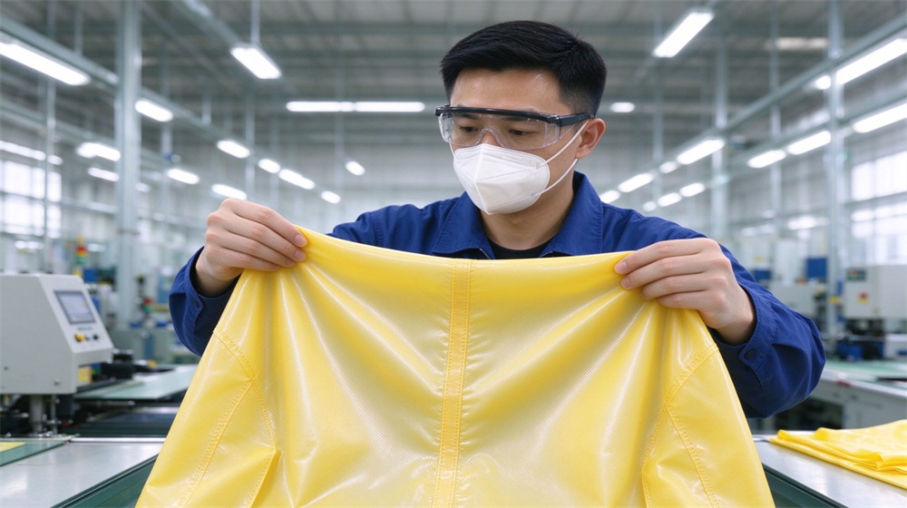 Side angle of heavy duty protective acid alkali chemical protective suit, Asian engineer in blue workwear inspecting yellow HDPE PP splash resistant chemical, demonstrating professional application use in industrial safety environment, designed for wholesale bulk supply and industrial safety procurement. Side angle of heavy duty protective acid alkali chemical protective suit, Asian engineer in blue workwear inspecting yellow HDPE PP splash resistant chemical, demonstrating professional application use in industrial safety environment, designed for wholesale bulk supply and industrial safety procurement.