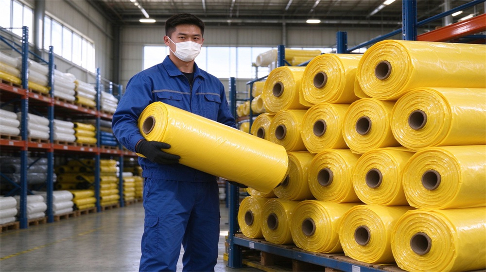 Wide shot of heavy duty protective acid alkali chemical protective suit, Asian worker storing yellow HDPE film rolls on warehouse shelf, laminated barrier, demonstrating professional application use in industrial safety environment, designed for wholesale bulk supply and industrial safety procurement. Wide shot of heavy duty protective acid alkali chemical protective suit, Asian worker storing yellow HDPE film rolls on warehouse shelf, laminated barrier, demonstrating professional application use in industrial safety environment, designed for wholesale bulk supply and industrial safety procurement.
