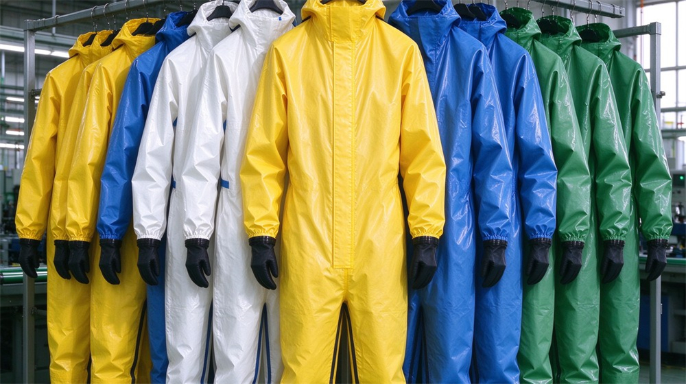 Close up detail of heavy duty protective acid alkali chemical protective suit, Color coded yellow white blue and green splash resistant chemical suits hanging, demonstrating professional application use in industrial safety environment, designed for wholesale bulk supply and industrial safety Close up detail of heavy duty protective acid alkali chemical protective suit, Color coded yellow white blue and green splash resistant chemical suits hanging, demonstrating professional application use in industrial safety environment, designed for wholesale bulk supply and industrial safety