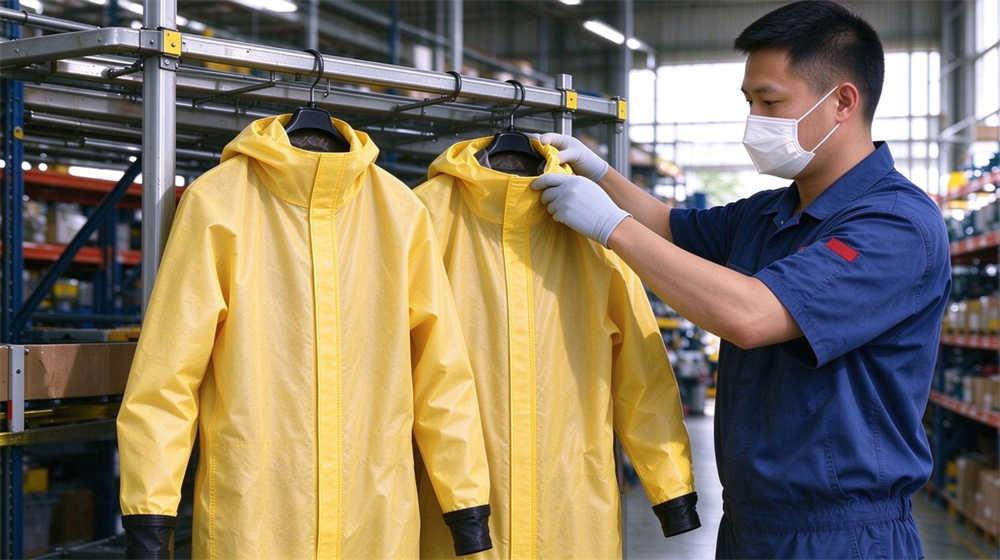 45 degree angle of heavy duty protective acid alkali chemical protective suit, Asian worker arranging spare yellow splash resistant chemical suits on rotation rack,, demonstrating professional application use in industrial safety environment, designed for wholesale bulk supply and industrial safety 45 degree angle of heavy duty protective acid alkali chemical protective suit, Asian worker arranging spare yellow splash resistant chemical suits on rotation rack,, demonstrating professional application use in industrial safety environment, designed for wholesale bulk supply and industrial safety