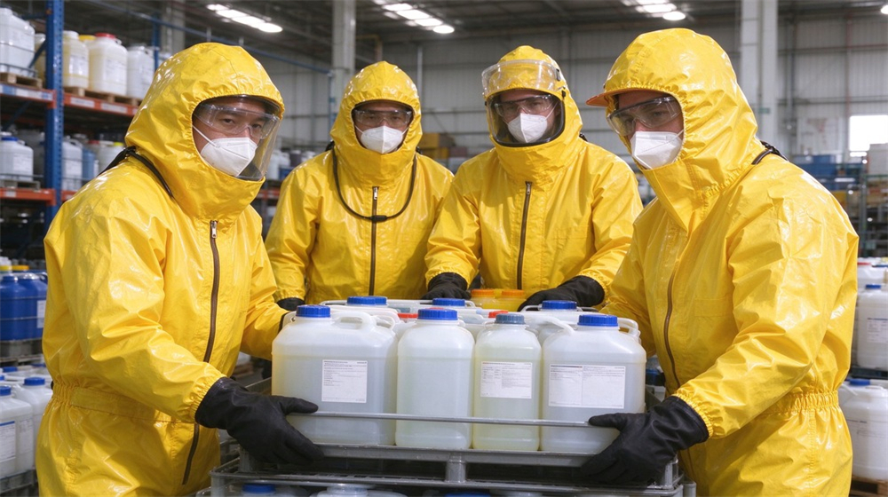 Macro detail of heavy duty protective acid alkali chemical protective suit, Four workers with different faces in yellow and blue splash resistant chemical, demonstrating professional application use in industrial safety environment, designed for wholesale bulk supply and industrial safety procurement. Macro detail of heavy duty protective acid alkali chemical protective suit, Four workers with different faces in yellow and blue splash resistant chemical, demonstrating professional application use in industrial safety environment, designed for wholesale bulk supply and industrial safety procurement.