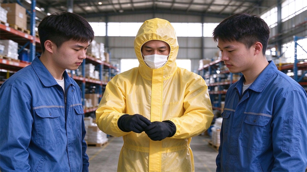 Side angle of heavy duty protective acid alkali chemical protective suit, Asian trainer in yellow splash resistant chemical suit demonstrating coverall use to, demonstrating professional application use in industrial safety environment, designed for wholesale bulk supply and industrial safety procurement. Side angle of heavy duty protective acid alkali chemical protective suit, Asian trainer in yellow splash resistant chemical suit demonstrating coverall use to, demonstrating professional application use in industrial safety environment, designed for wholesale bulk supply and industrial safety procurement.