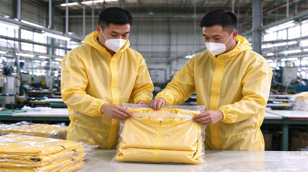 Overhead view of heavy duty protective acid alkali chemical protective suit, Two Asian workers packing yellow splash resistant chemical suits into transparent bags, demonstrating professional application use in industrial safety environment, designed for wholesale bulk supply and industrial safety procurement. Overhead view of heavy duty protective acid alkali chemical protective suit, Two Asian workers packing yellow splash resistant chemical suits into transparent bags, demonstrating professional application use in industrial safety environment, designed for wholesale bulk supply and industrial safety procurement.
