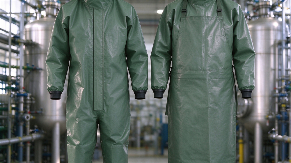 Close up detail of heavy duty protective green acid alkali resistant suit, Western worker in green acid and caustic resistant chemical suit mixing acids, demonstrating professional application use in industrial safety environment, designed for wholesale bulk supply and industrial safety Close up detail of heavy duty protective green acid alkali resistant suit, Western worker in green acid and caustic resistant chemical suit mixing acids, demonstrating professional application use in industrial safety environment, designed for wholesale bulk supply and industrial safety