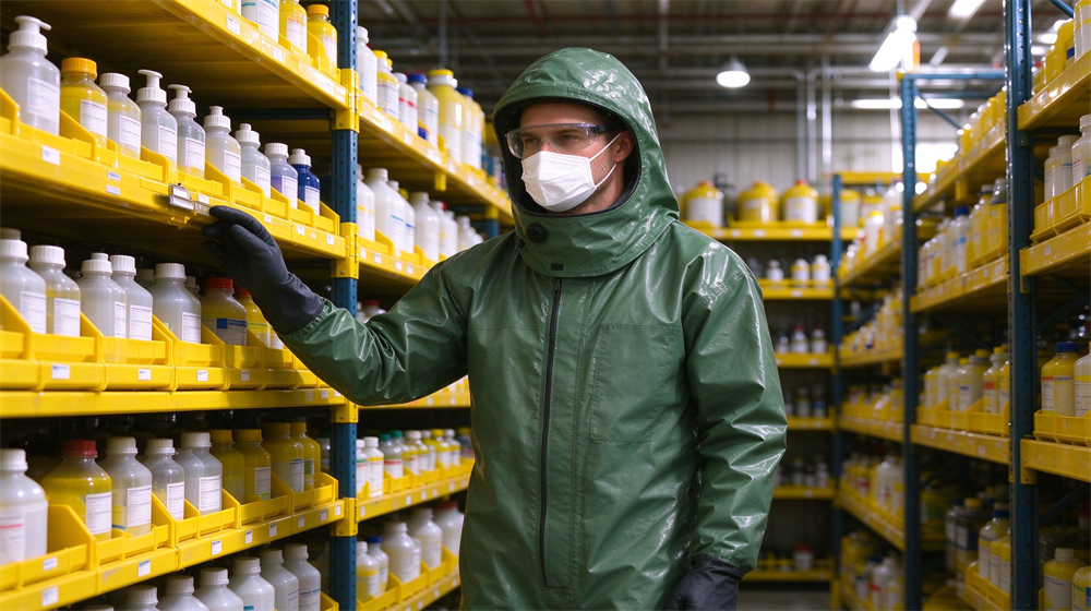 Side angle of heavy duty protective green acid alkali resistant suit, Two green acid resistant suit styles hanging side by side for comparison, demonstrating professional comparison use in industrial safety environment, designed for wholesale bulk supply and industrial safety procurement. Side angle of heavy duty protective green acid alkali resistant suit, Two green acid resistant suit styles hanging side by side for comparison, demonstrating professional comparison use in industrial safety environment, designed for wholesale bulk supply and industrial safety procurement.