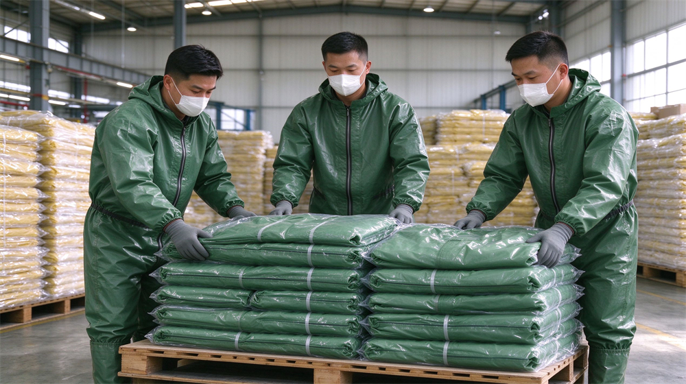 45 degree angle of heavy duty protective green acid alkali resistant suit, Two Asian workers packing green acid resistant suits into transparent bags in, demonstrating professional application use in industrial safety environment, designed for wholesale bulk supply and industrial safety 45 degree angle of heavy duty protective green acid alkali resistant suit, Two Asian workers packing green acid resistant suits into transparent bags in, demonstrating professional application use in industrial safety environment, designed for wholesale bulk supply and industrial safety