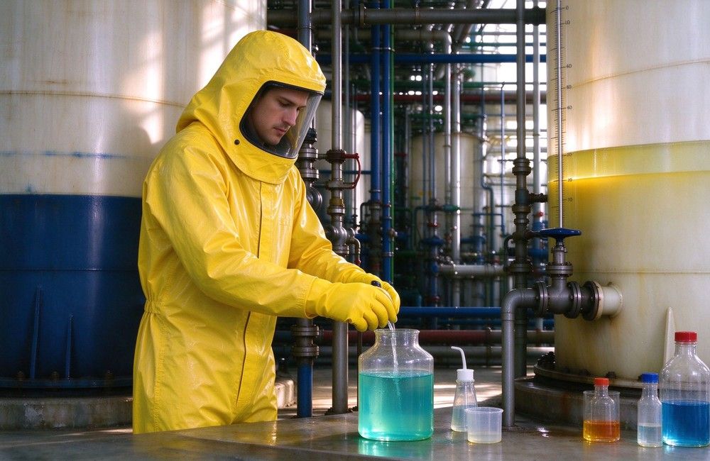 Aerial perspective of heavy duty protective semi encapsulated chemical suit, Worker in semi enclosed chemical suit handling liquid chemicals in laboratory, medium, demonstrating professional application use in industrial safety environment, designed for wholesale bulk supply and industrial safety procurement. Aerial perspective of heavy duty protective semi encapsulated chemical suit, Worker in semi enclosed chemical suit handling liquid chemicals in laboratory, medium, demonstrating professional application use in industrial safety environment, designed for wholesale bulk supply and industrial safety procurement.
